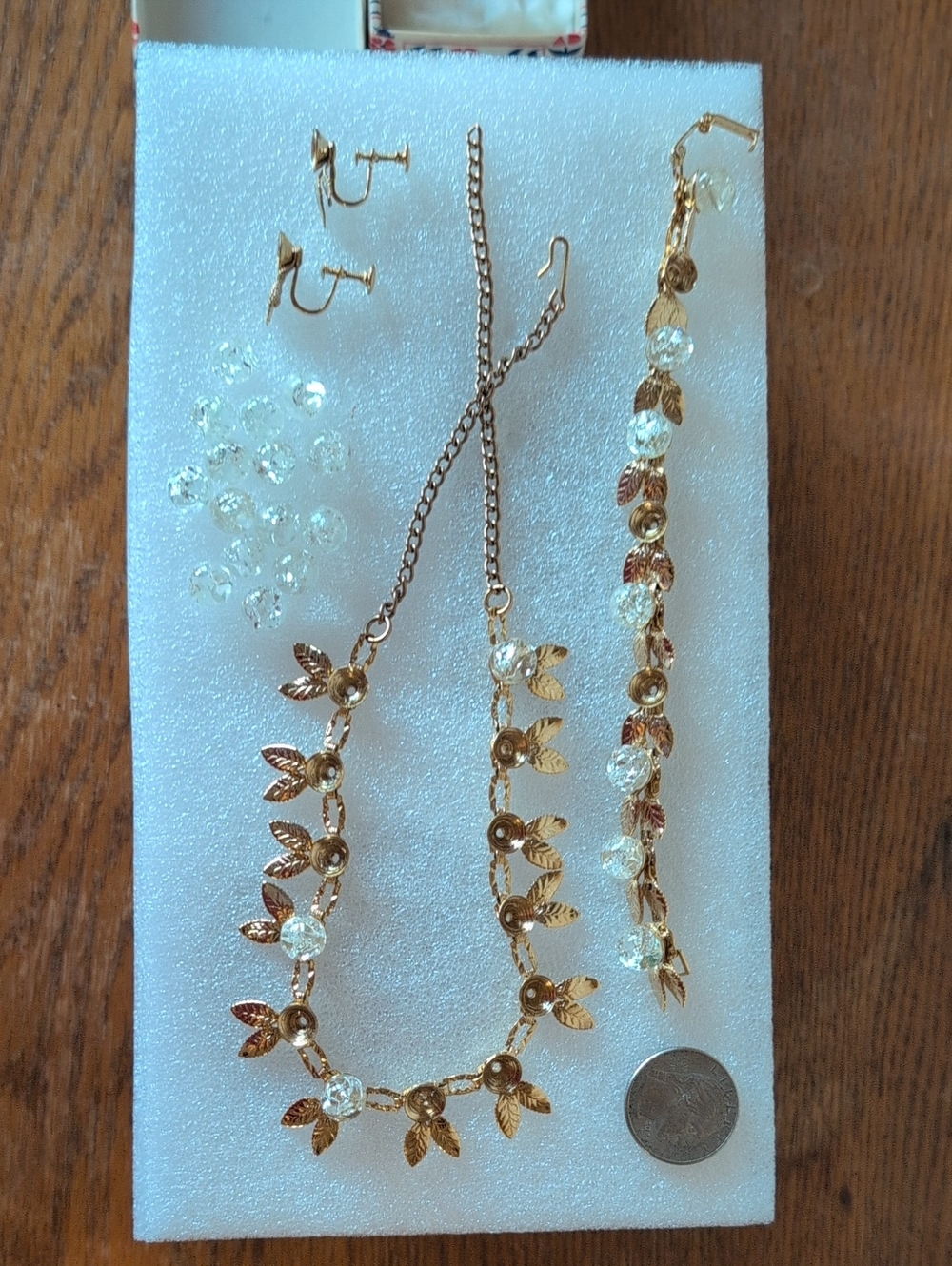 Gold Leaflets With Clear Crystal Necklace, Earrings And Bracelet Set